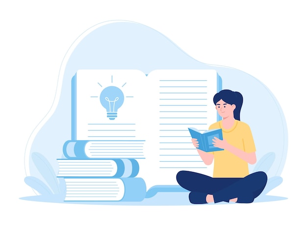 mujer leyendo un libro concepto ilustración plana