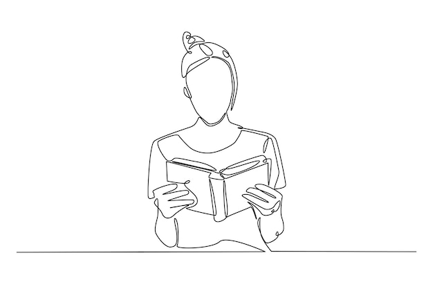 Mujer leyendo un libro continuamente una línea dibujando una ilustración