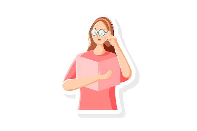 Mujer Leyendo Libro Etiqueta Engomada Vector Ilustración