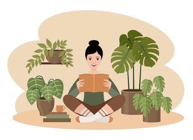 Vector la mujer está leyendo un libro con plantas