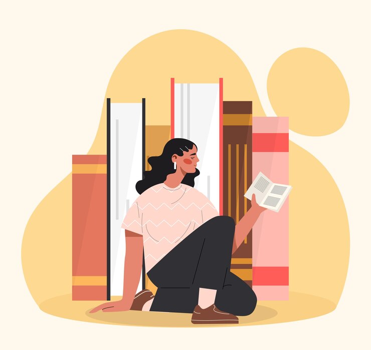 Vector mujer leyendo libros concepto amor por la lectura y la literatura educación aprendizaje y capacitación conocimiento e información estudiante haciendo la tarea dibujos animados ilustración vectorial plana