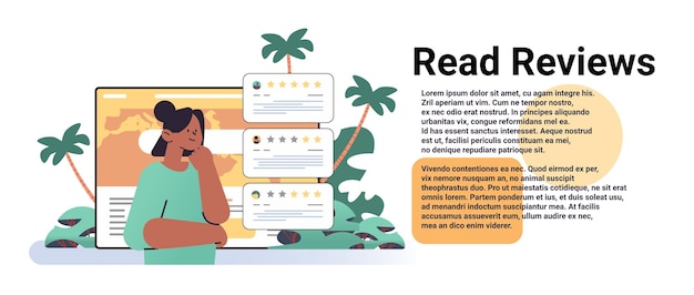 Mujer leyendo testimonios o dejando comentarios revisión del consumidor para comentar y calificar el servicio o los comentarios de los clientes de bienes