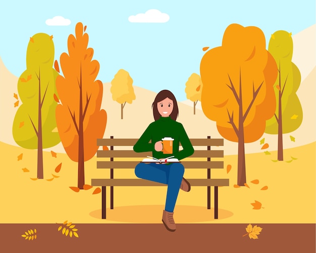 Mujer con libro y gorro de té o café caliente sentado en el banco en el parque. Fondo del parque de la ciudad de otoño. ilustración.