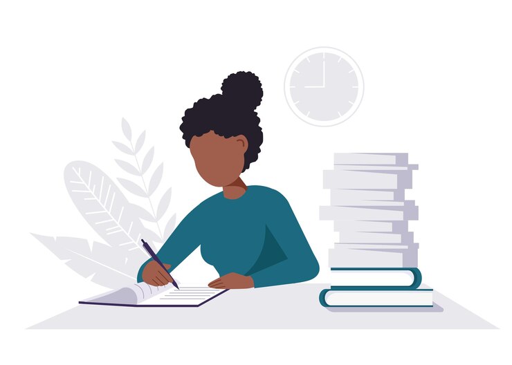 mujer con libros estudiando o concepto de trabajo