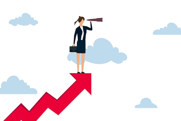 Mujer líder con dama poder visión empresarial éxito empresaria de pie en la parte superior de la flecha ascendente con telescopio para ver la visión futura