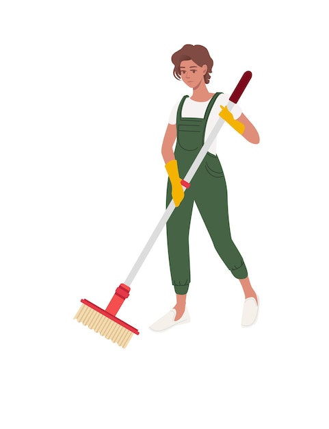 Una mujer limpiadora profesional con uniforme verde usa guantes de goma amarillos y un moderno proceso de limpieza con trapeador diseño de personajes de dibujos animados ilustración vectorial plana aislada en fondo blanco