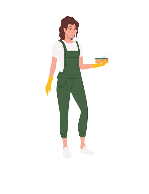 Mujer limpiadora profesional con uniforme verde, use guantes de goma amarillos y proceso de limpieza de esponjas, diseño de personajes de dibujos animados, ilustración vectorial plana aislada en fondo blanco