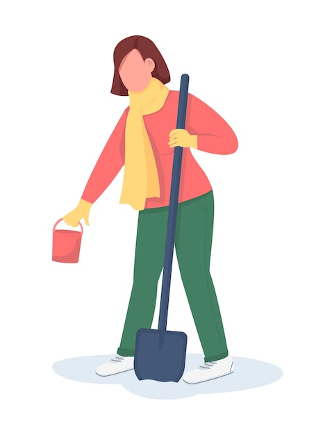 Mujer limpiando nieve carácter vectorial de color semiplano. figura dinámica. persona de cuerpo completo en blanco. ilustración de estilo de dibujos animados moderno aislado de limpieza de invierno para diseño gráfico y animación