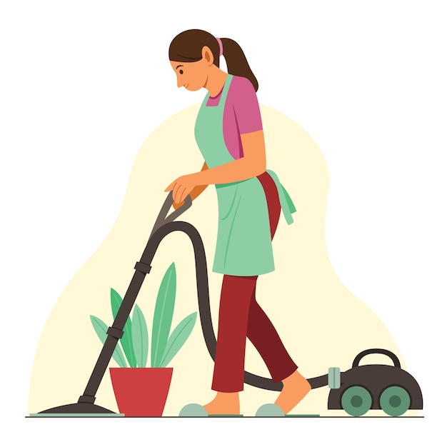 Mujer limpiando el piso por la aspiradora