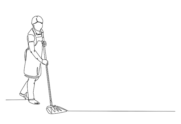 Mujer limpiando el suelo en una ilustración continua de dibujo de una línea