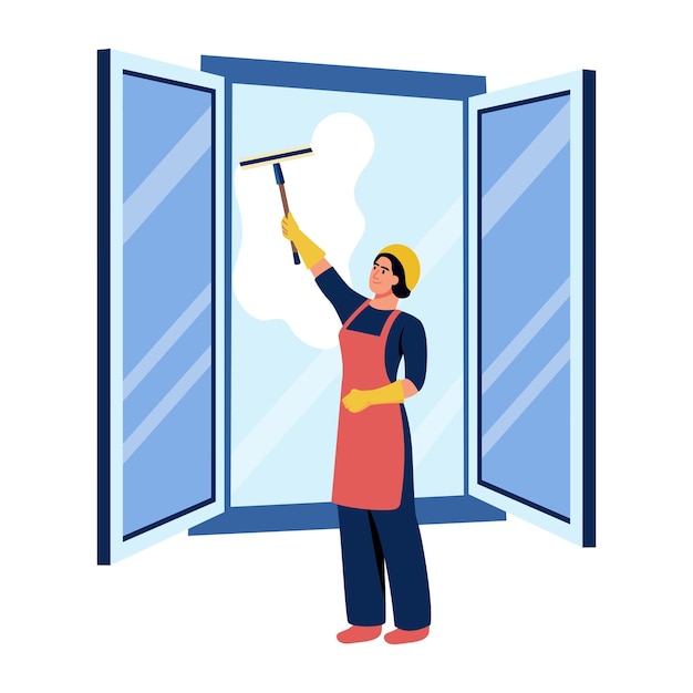 Mujer limpiando una ventana con un limpiador