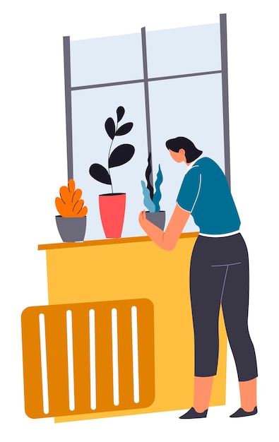Mujer limpieza casa cuidando plantas en macetas