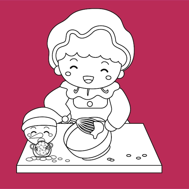 Mujer linda abuela horneando cocinando para la Navidad pastel de vacaciones dibujos animados sellos digitales