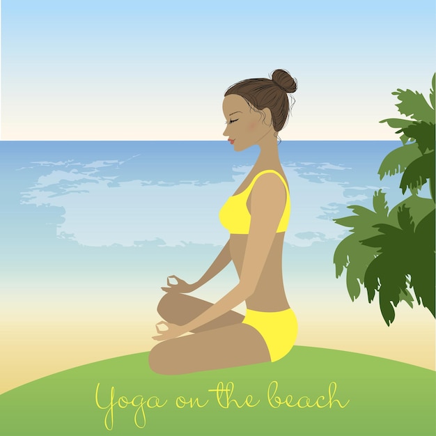 Mujer linda de dibujos animados meditando en pose de loto en la playa tropical ilustración vectorial