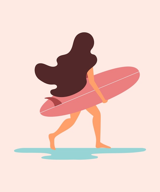 Una mujer linda está corriendo con una tabla de surf en la playa concepto de mujeres hermosas en diferentes