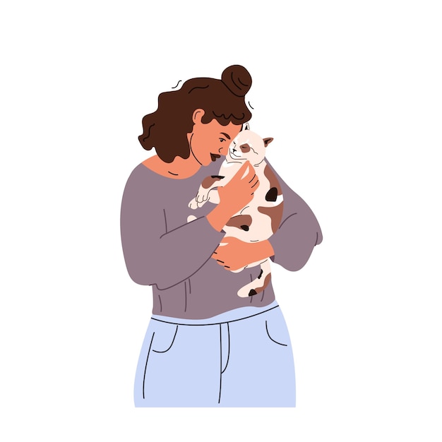 Vector mujer con un lindo gato en las manos