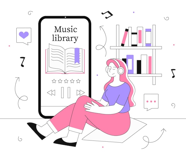 Mujer con línea de biblioteca de música niña con auriculares cerca del reproductor de teléfonos inteligentes canciones y melodías favoritas de la lista de reproducción entretenimiento y ocio divertido ilustración vectorial plana lineal