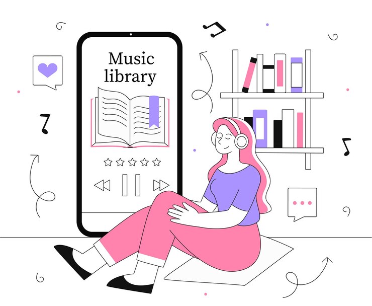 Vector mujer con línea de biblioteca de música niña con auriculares cerca del reproductor de teléfonos inteligentes canciones y melodías favoritas de la lista de reproducción entretenimiento y ocio divertido ilustración vectorial plana lineal
