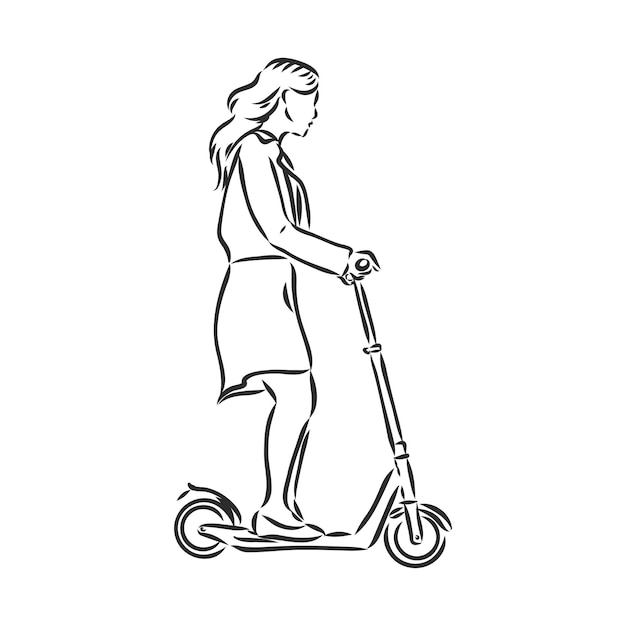 Mujer de línea continua monta un scooter eléctrico con la pierna levantada