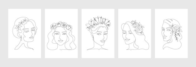 Mujer con línea de flores arte minimalista abstracto línea continua mujer contorno para ilustración de moda y impresión de belleza boceto de retrato vectorial hermosa línea femenina con flores