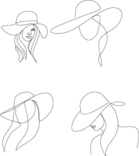 Mujer lineal abstracta con sombrero. Retrato mínimo. Accesorio de moda para la cabeza