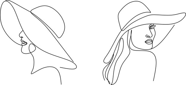 Mujer lineal abstracta con sombrero. Retrato mínimo. Accesorio de moda para la cabeza