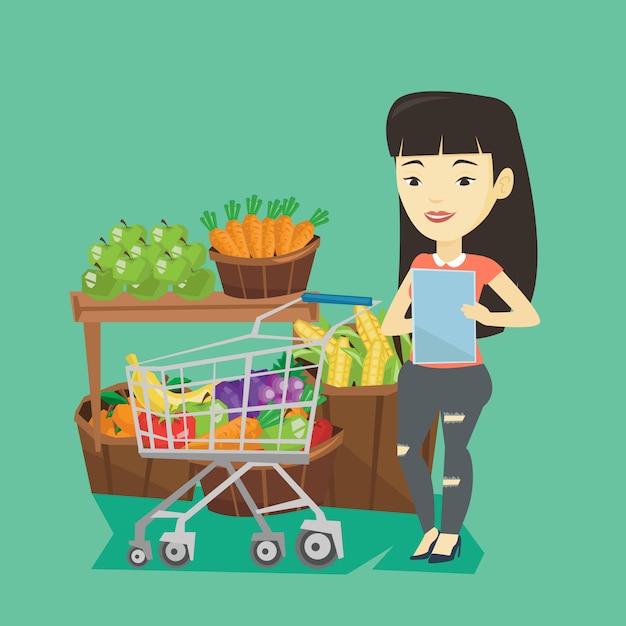 Vector mujer con lista de compras.