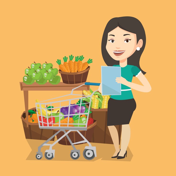 Vector mujer con lista de compras.