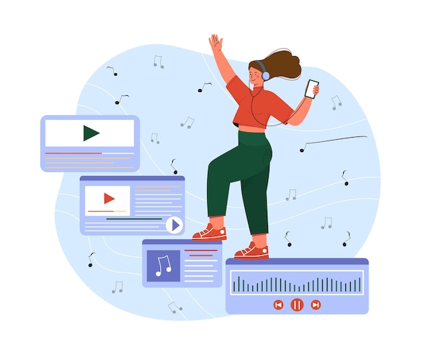 Mujer con lista de reproducción de música joven con auriculares con teléfono inteligente escuchar canciones y archivos de audio
