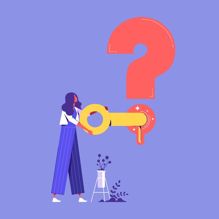 Vector mujer con una llave abre un ojo de la cerradura en un concepto de pregunta y solución de signo de interrogación