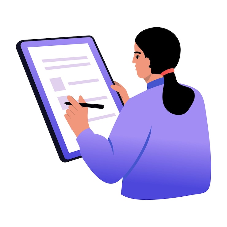 Vector mujer llenando un formulario en una tableta