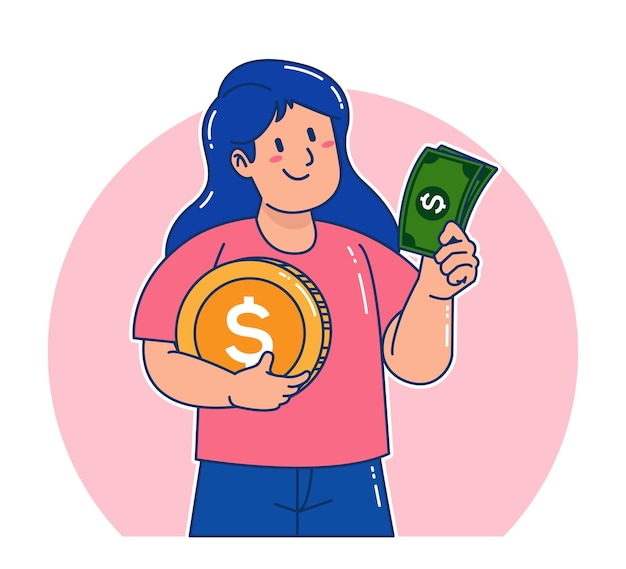 Vector una mujer lleva monedas de un dólar.