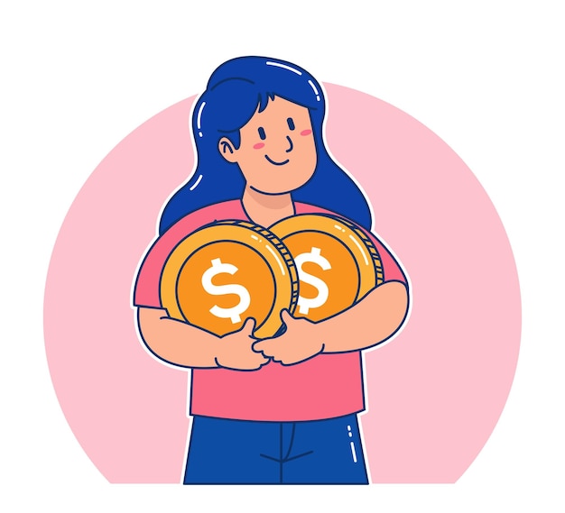 Vector una mujer lleva monedas de un dólar.