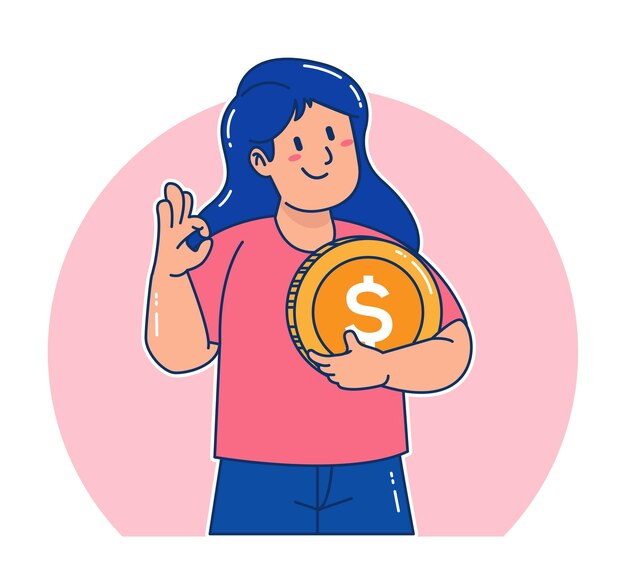 Vector una mujer lleva monedas de un dólar.