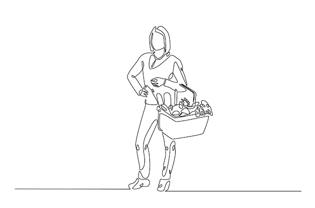 Mujer llevando una canasta de compras con verduras continua una ilustración de dibujo de línea