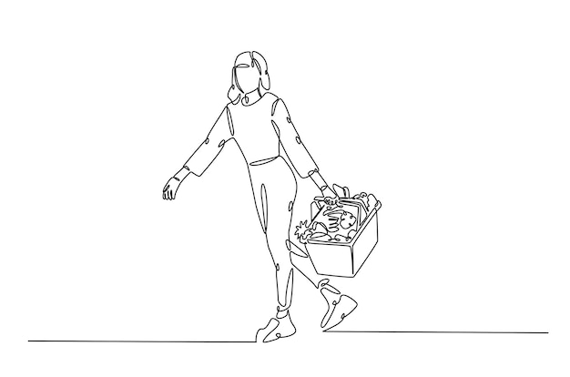 Mujer llevando una canasta de compras con verduras continua una ilustración de dibujo de línea