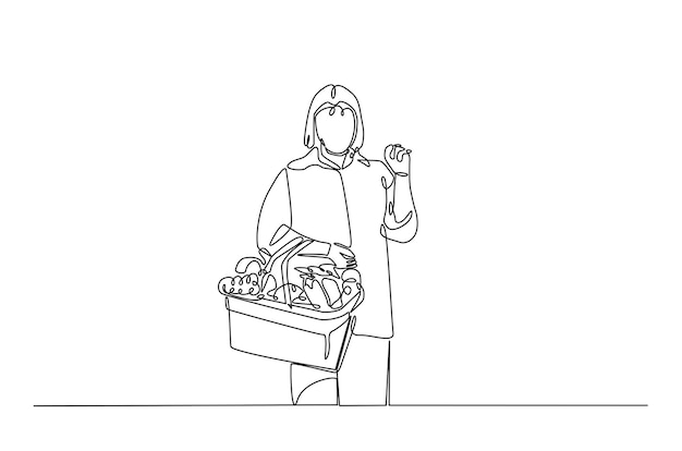 Mujer llevando una canasta de compras con verduras continua una ilustración de dibujo de línea