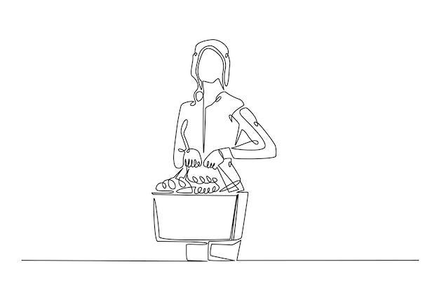 Mujer llevando una canasta de compras con verduras continua una ilustración de dibujo de línea