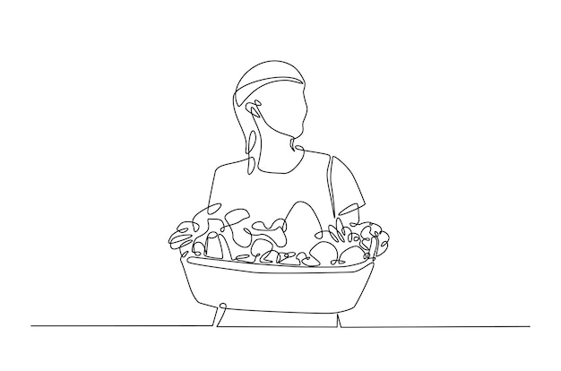 Mujer llevando una canasta de compras con verduras continua una ilustración de dibujo de línea
