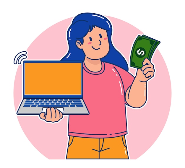 mujer llevando una computadora portátil y dinero