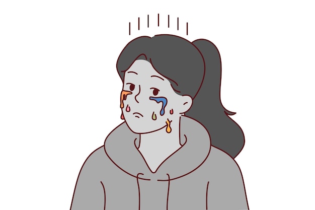 Mujer llorando con una faz deprimida y lágrimas multicolores sufriendo debido a la falta de éxito creativo