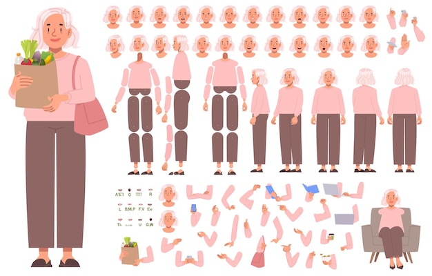 Mujer madura constructor de personajes anciana y linda pensionista Establezca posiciones animation_ai_generated