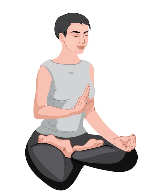 Vector mujer madura sentada en posición de loto y meditando con los ojos cerrados