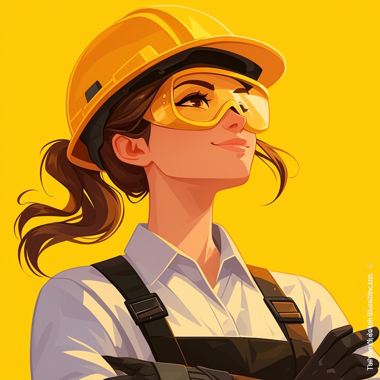 Vector mujer malaia con equipo de seguridad de ingenieros en un sitio de construcción