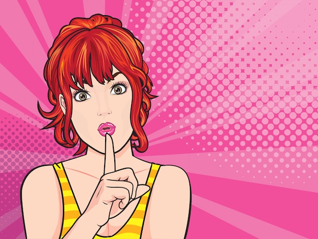 Mujer mano arriba con dedo en gesto de silencio de labios