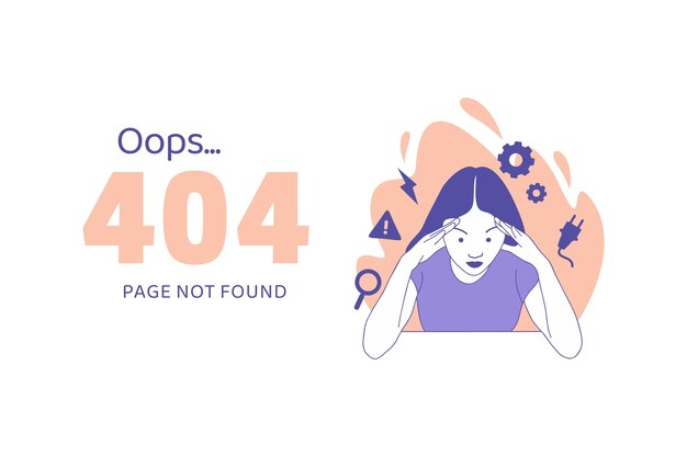mujer de la mano en la cabeza que tiene decepción por la página de inicio del concepto de diseño de error Oops 404