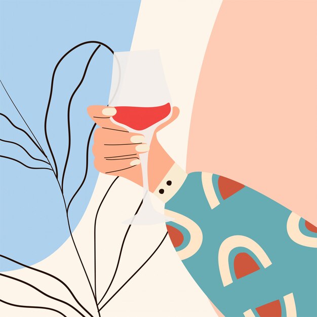 Mujer mano copa de vino. Mano de mujer en ropa brillante con patrón de memphis con vidrio. Bebida alcoholica. Concepto de amante del vino. Cuadro sobre fondo abstracto. Ilustración plana