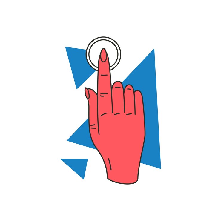 Vector mujer mano dedo empujar círculo botón apuntando elección clic concepto interfaz navegar icono vector ilustración plana brazo humano tocar enlace presionar indicador información dirección seleccionar elegir menú