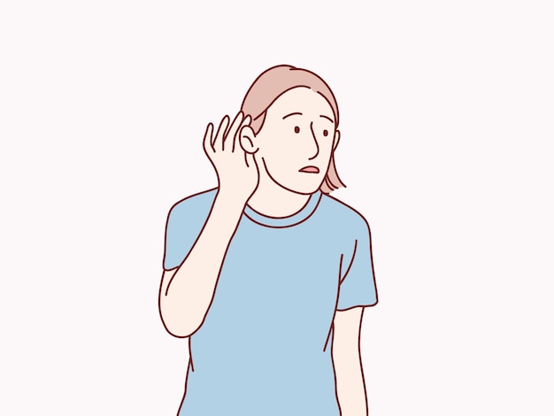 Mujer con la mano sobre la oreja escuchando rumores o chismes ilustración de estilo coreano simple