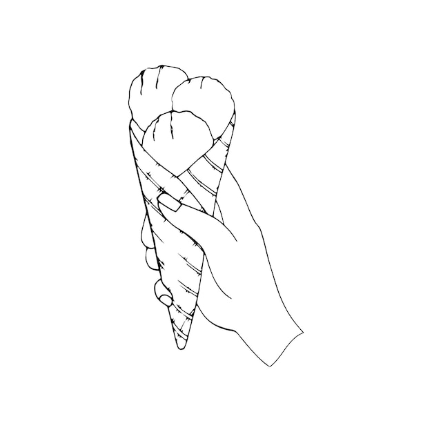 Vector mujer con la mano sosteniendo un helado helado en cono de waffle ilustración dibujada a mano